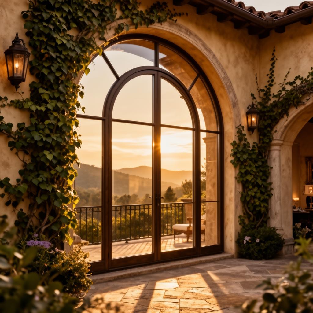 Arched custom window in Tuscan estate